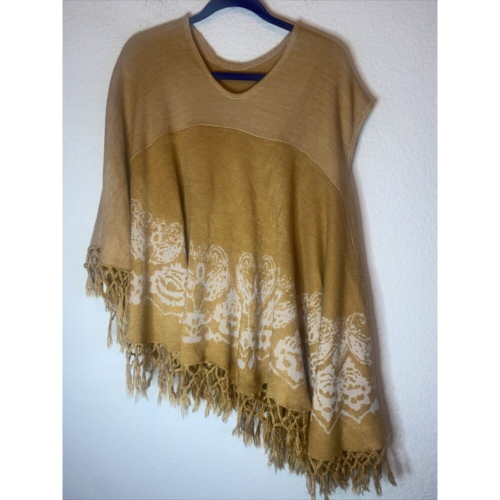 RAJ IMPORTS PONCHO sweater Aztec Floral Yellow Fringe western boho hippie OS